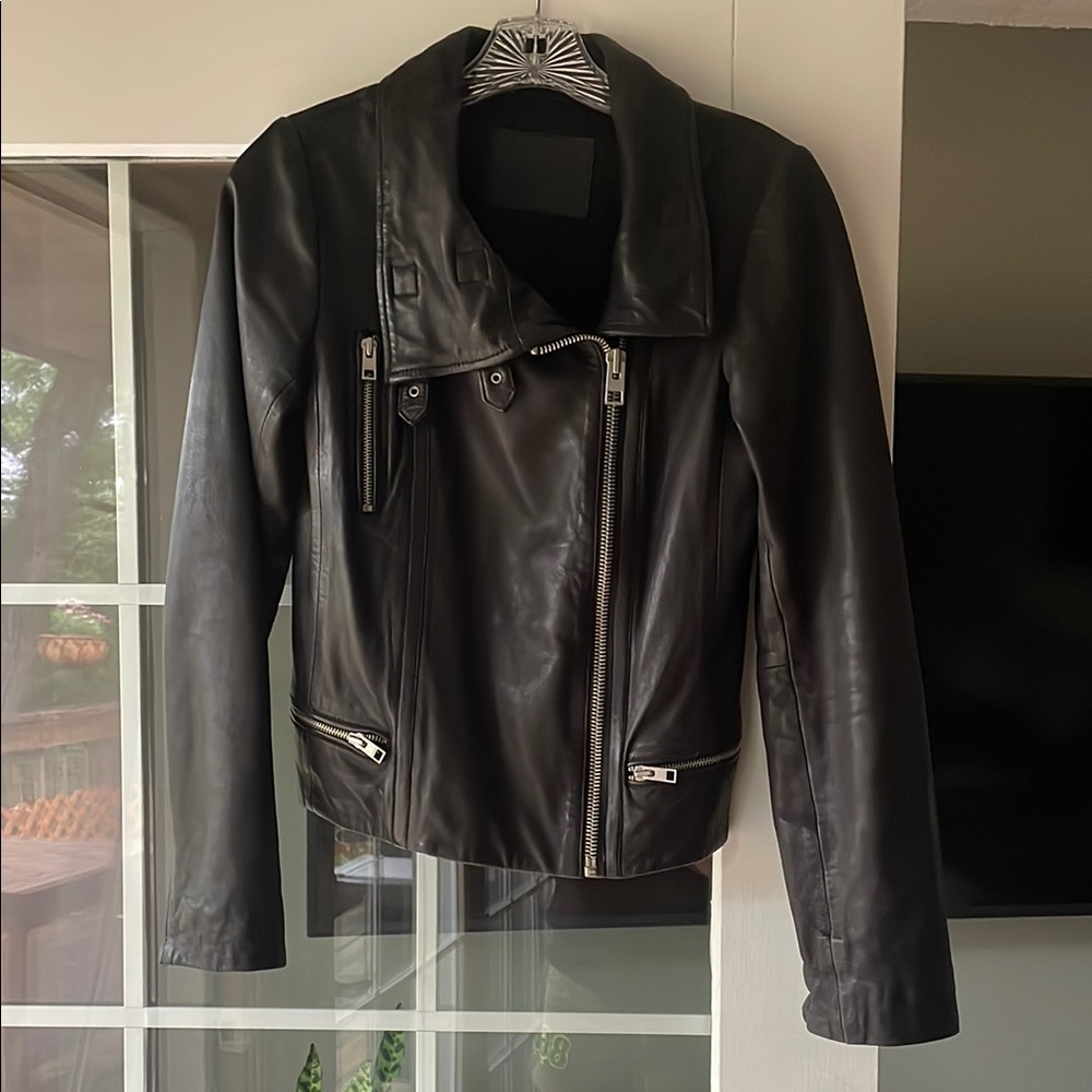 All Saints Black Leather Jacket Asymmetrical Design